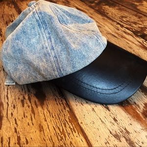 Denim and faux leather hat